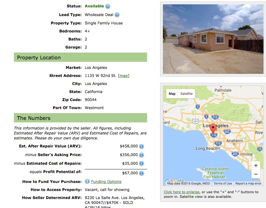 Listing for a fix and flip investment property in Los Angeles