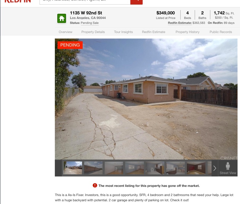 Listing information for Los Angeles fix and flip investment property