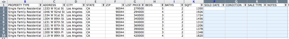 Columns added to excel spreadsheet of comps downloaded from Redfin website