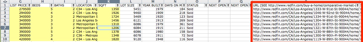 Spreadsheet showing property listing urls in the url column of downloaded comps