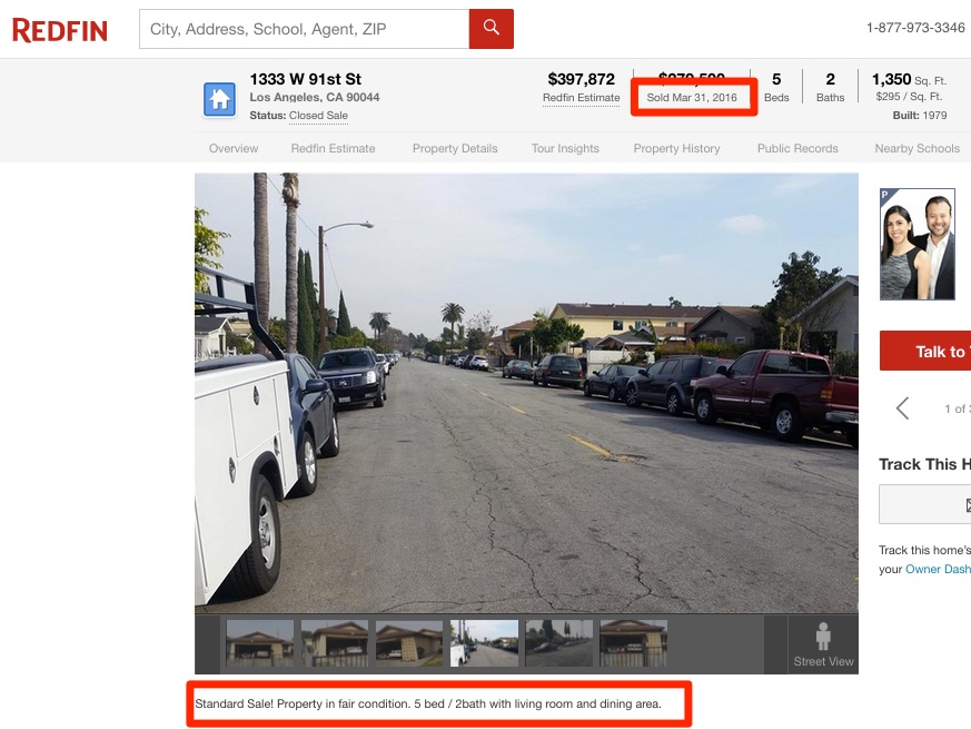 Comp listing in Redfin website showing data missing from spreadsheet download