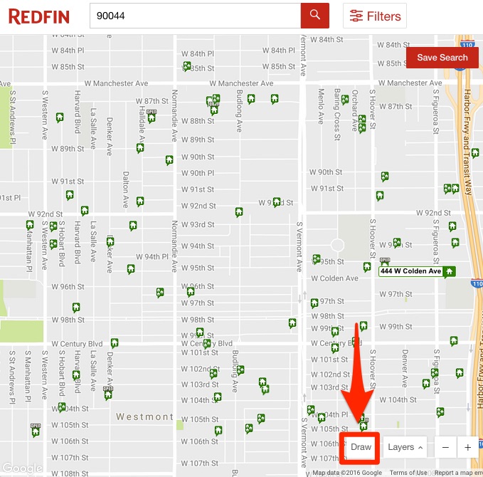 Red arrow pointing to the Draw button in Redfin.com