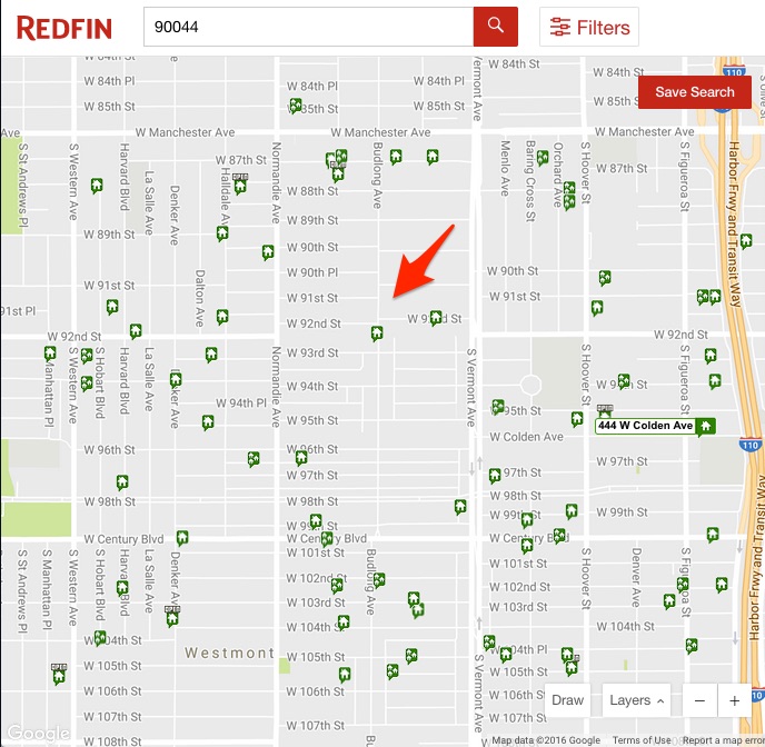 Red arrow pointing to the location of the investment fix and flip property in Redfin.com
